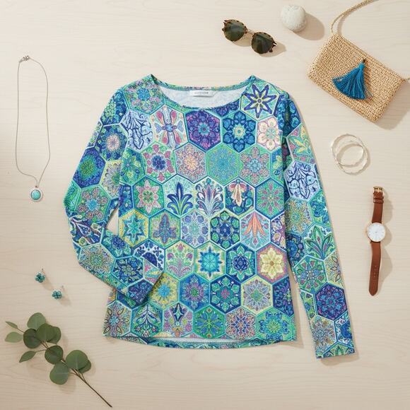 Talbots Sweater Women’s Large Blue Print Crew Neck Cotton Long Sleeve Pullover - Picture 2 of 9